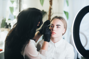 Dyeing and shaping of eyebrows. girl in a beauty salon.eyebrow coloring henna brush tool