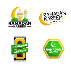 Ramadan Kareem greeting text cartoon badges and labels collection. Mosque and moon vector illustration.