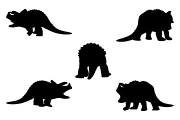 5 black and white set vector cub dinosaur triceratops silhouette isolated on white background