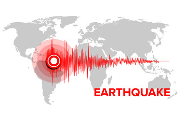 Earthquake seismic wave with silhouette of the world map vector graphic illustration with copy space 