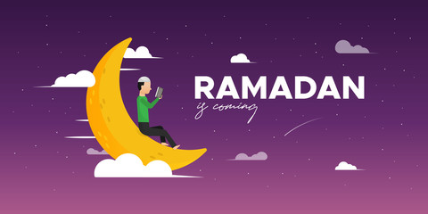 Ramadan Kareem greeting background concept. Man reading book illustration. Night sky with a beautiful moon.