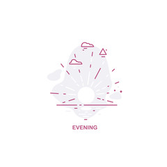 Times of day illustration. Evening. Linear style drawing. The sun over the sea.