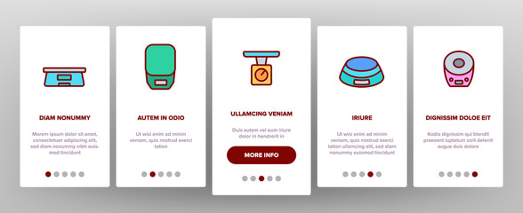Scales Measuring Tool Onboarding Icons Set Vector. Domestic Kitchen Scales, Mechanical And Electronic Measurement Equipment For Weigh Illustrations