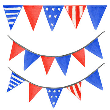String garland of American flag set. Hand drawn watercolor illustration on white background. Isolated hanging party decoration for 4th of july patriotic design of navy blue, bright red color