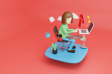 The girl is working something before final deadline.He has paper floating around.3d rendering.