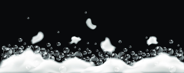 Bath foam isolated on black background. Shampoo bubbles texture.Sparkling shampoo and bath lather vector illustration.