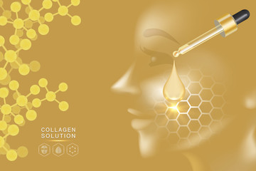 Hyaluronic acid skin solutions ad, gold collagen serum drop with cosmetic advertising background ready to use, illustration vector.