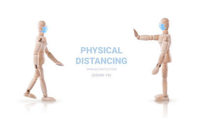 Physical Distancing to stop spread protection Corona virus Disease (COVID-19) with Wooden figure doll wear a Medical face mask isolated on white background with clipping path