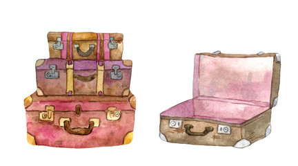 Set of old suitcases. Watercolor elements isolated on a white background. Stock illustration