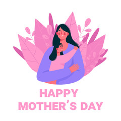 Happy smiling mother and daughter. Mother hug daughter with love and holding her in arms. Happy mothers day card. Flat cartoon vector illustration