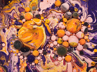 Colourful acrylic bubbles.Fluid art marble texture. Backdrop  abstract iridescent paint effect....