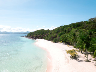 Aerial view on fantastic tropical white sand beach islands of Philippines. Coron island beach hopping
