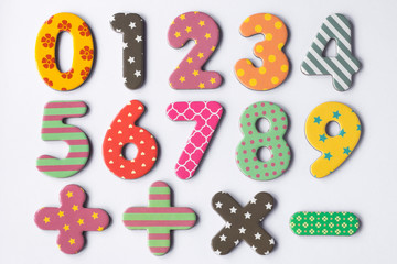 Colorful numbers set from 0 to 9. Mathematical numbers and symbols for child education.