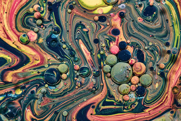 Colourful acrylic bubbles.Fluid art marble texture. Backdrop  abstract iridescent paint effect....