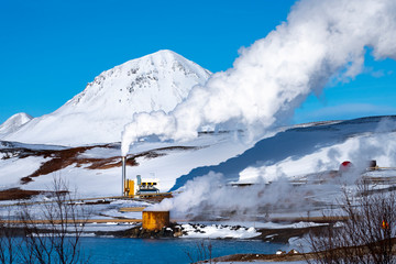 Winter view of Bjarnarflag Geothermal Power Station, near Krafla volcano, Iceland. - 341721914