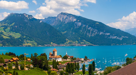 Aerial view of Monteux at Geneva lake - obrazy, fototapety, plakaty