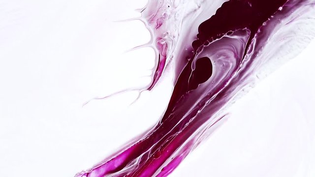 Fluid art drawing video, modern acryl texture with flowing effect. Liquid paint mixing backdrop with splash and swirl. Detailed background motion with purple and white overflowing colors