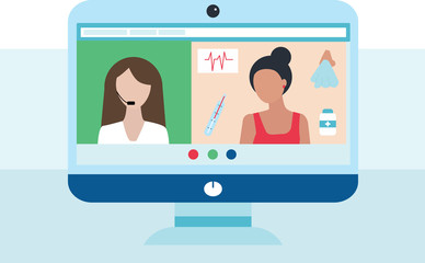 Online medical consultation and support. Online doctor. Vector illustration in flat style. two woman. Online meeting via group call.