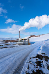 Winter view of Bjarnarflag Geothermal Power Station, near Krafla volcano, Iceland. - 341722948