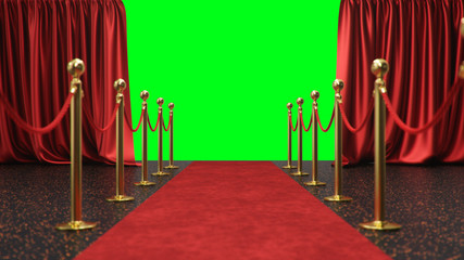 Awards show background with red curtains open on green screen. Red velvet carpet between golden barriers connected by a red rope. Curtains theater stage, 3d Rendering