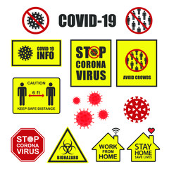 Naklejka premium Covid-19 info sign collection. Coronavirus vector icon set. Social distancing, avoid crowds and stop corona virus campaign. Stay and work at home logo. biohazard symbol. Pandemic information poster.