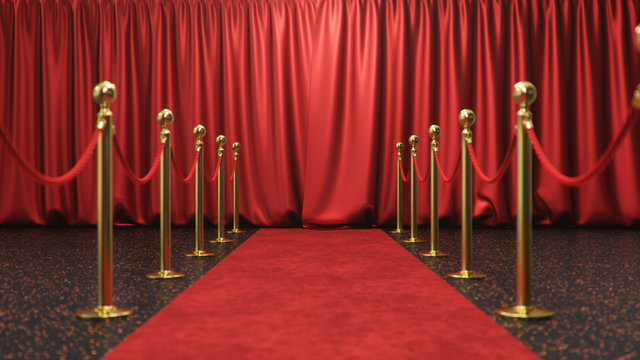 Awards Show Background With Closed Red Curtains. Red Velvet Carpet Between Golden Barriers Connected By A Red Rope. Curtains Theater Stage, 3d Rendering