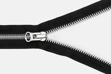isolated black zipper with metal lock on white background