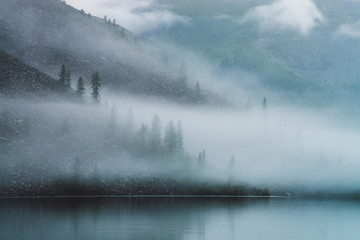 Ghostly atmospheric view to tranquil mountain lake and stony steep slope with coniferous trees in dense fog. Minimalist scenery with low clouds and calm water. Mysterious place at early foggy morning. - Powered by Adobe