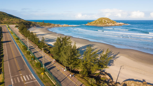 Aerial view of vila beach (Praia da Vila). Beatiful beach in Imbituba city, Santa Catarina, Brazil