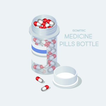 Isometric medicine pills bottle. Pharmacy concept. 3d vector illustration.
