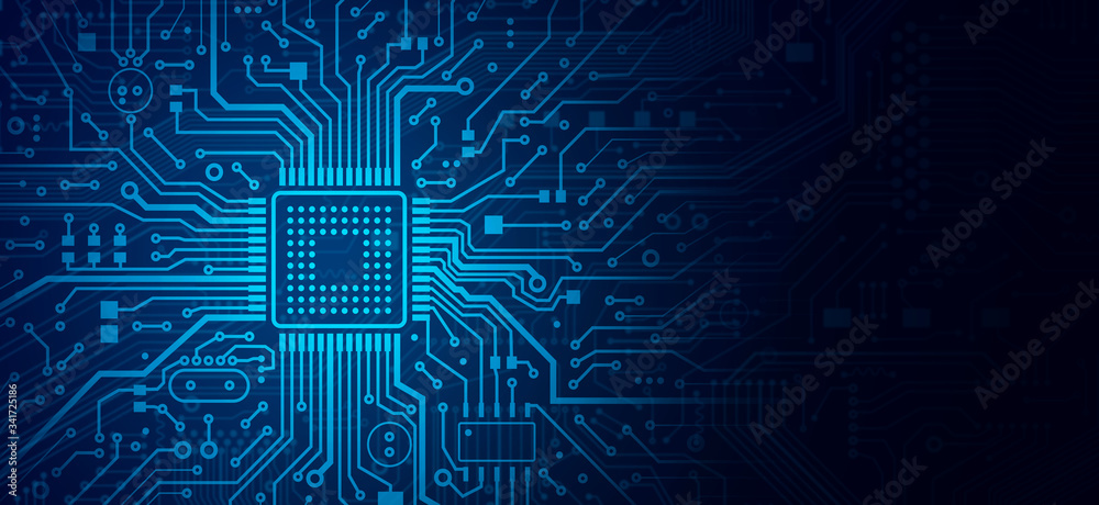 Poster Illustration of computer processor chip on circuit board, copy space. Panorama
