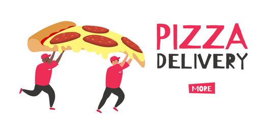pizza delivery couriers carrying big pepperoni slice. vector illustration