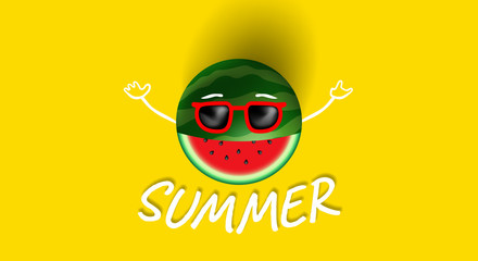 summer background watermelon cartoon character in sunglasses on yellow background
