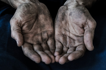 dirty men's hands begging, poverty, hunger