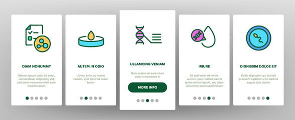 Medical Test Analysis Onboarding Icons Set Vector. Health Medical Test Blood And Sperm, Feces And Mucous Membrane, Cardiogram And Dna Illustrations