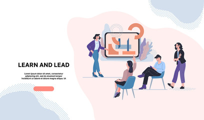 Learn and Lead landing page or website template. Company staff training and continuing education courses. Webinar online for Leadership skills Development.Vector flat cartoon illustration