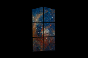 Outer space in dark room. Many stars and blue nebula behind door with glass. Abstract image of mind, dreams, reverie, sleep, coma, depths of subconscious. Elements of this image furnished by NASA.