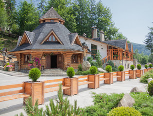 Wooden log building in Carpathian Mountains