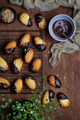 Madeleine cookies in chocolate icing and coconut crumbs
