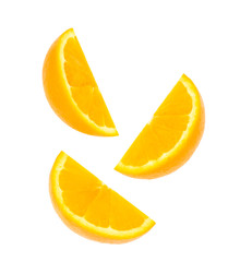 Falling three orange fruit slice isolated on white background with clipping path