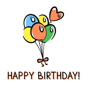Vector birthday card with a bunch of balloons hand-drawn on a white background