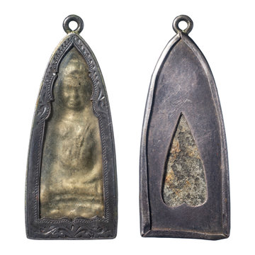 Thai Amulet isolate on a white background. Alloy Buddha amulets name is Phra Lop Buri Hu Yan.