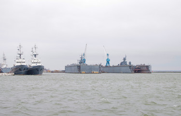 Dry, repair docks for ships in the city of Baltiysk, Russia.