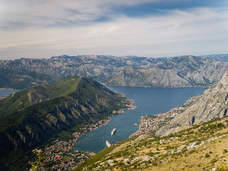 Panoramic view of the Kotor Bay from the Kotor serpentine. Montenegro autumn 2019