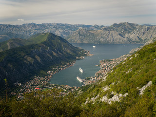Fototapeta na wymiar The view of the Kotor Bay from the Kotor serpentine. Montenegro autumn 2019