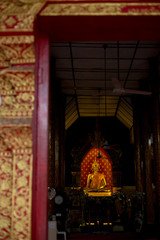 Gold buddha statue in low light have door frame soft foreground