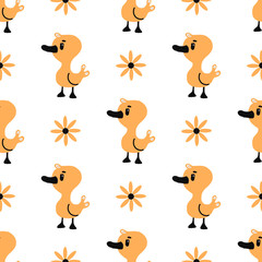 pattern cute character yellow duck and flowers. vector illustration in Doodle style on a white background. for Wallpaper, packaging, children s clothing, and postcards.