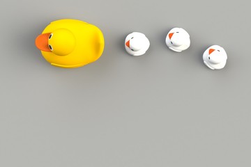 Close up of mum and baby rubber ducks isolated. Bath toys on a gray background. Top view with copy space. Summer wallpaper. 3d rendering.