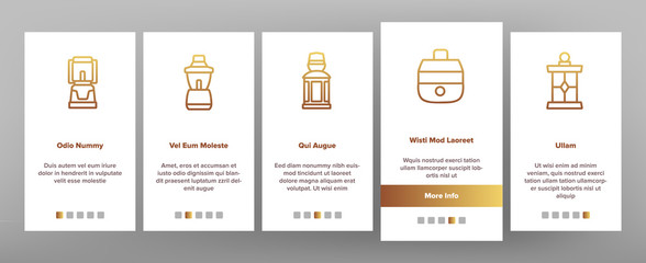 Lantern Equipment Onboarding Icons Set Vector. Vintage And Ancient Lantern, Kerosene Lamp And With Candle, Lighting Device Illustrations