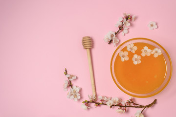 honey in a plate with a spoon and cherry flowers on a pink background. natural ingredient for skin...